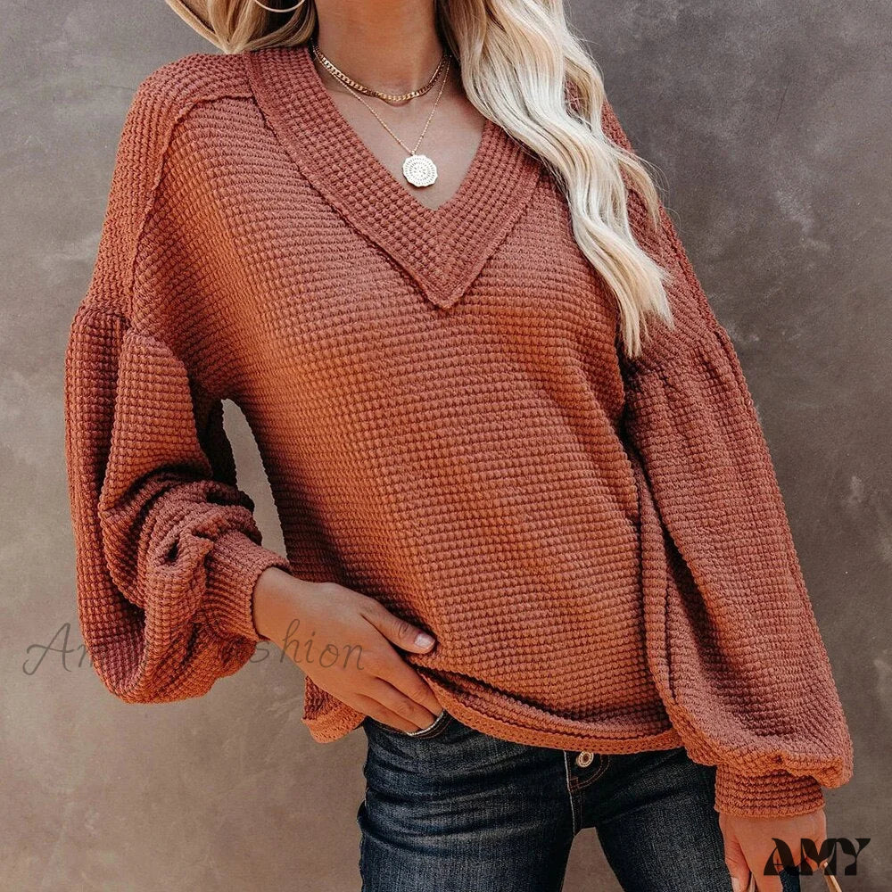 Amy Fashion - Autumn Knit V-Neck Long Lantern Sleeve Casual Sweater