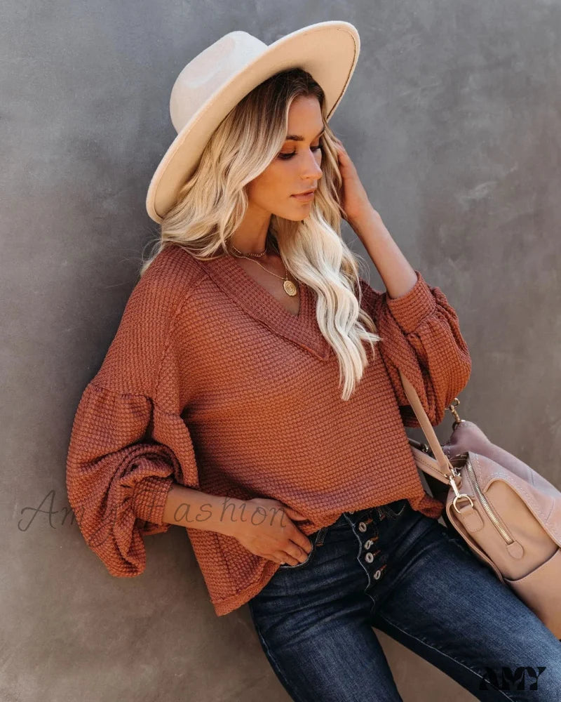 Amy Fashion - Autumn Knit V-Neck Long Lantern Sleeve Casual Sweater