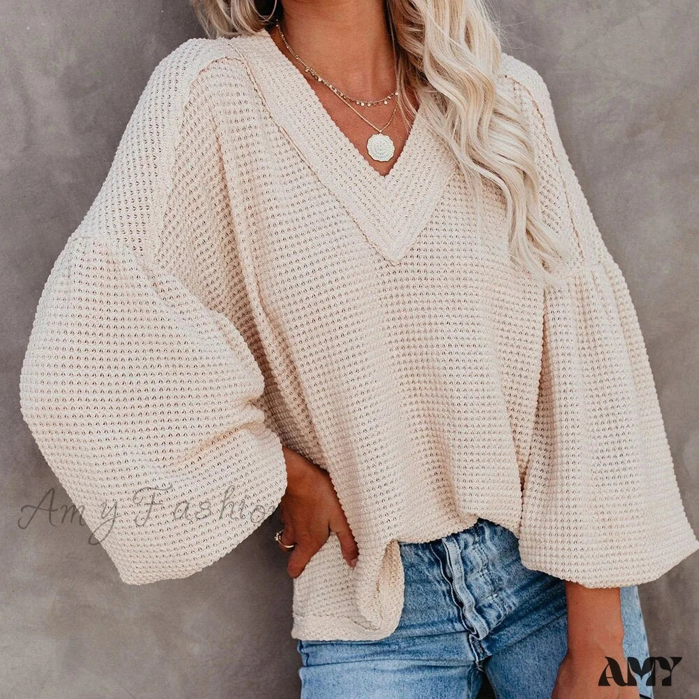 Amy Fashion - Autumn Knit V-Neck Long Lantern Sleeve Casual Sweater Beige / S