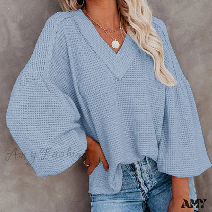 Amy Fashion - Autumn Knit V-Neck Long Lantern Sleeve Casual Sweater Blue / S