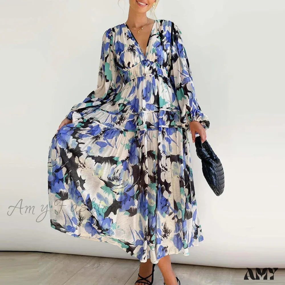 Amy Fashion - Autumn Long Sleeved Pleated Maxi Dress Boho Blue / S