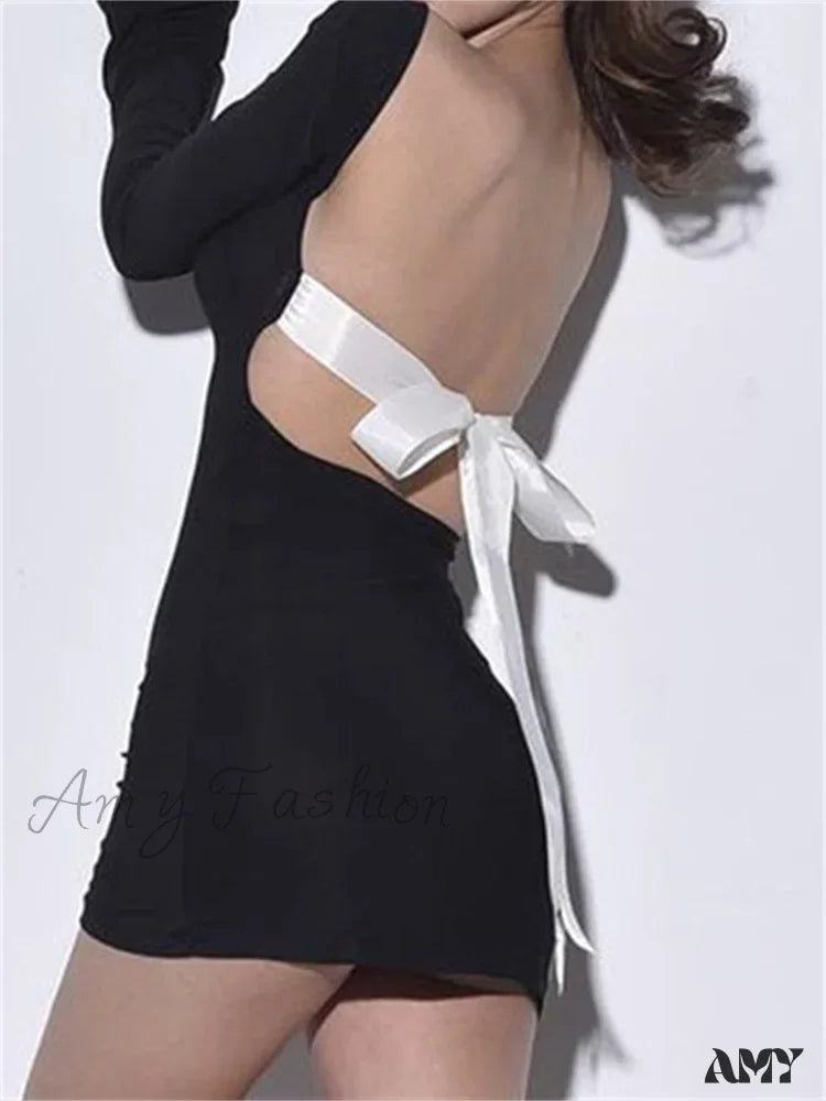 Amy Fashion - Autumn Slim Fit Backless Black Long Mini Dress