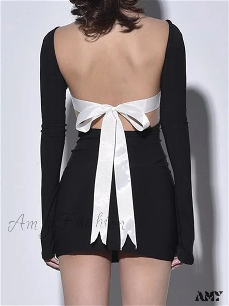 Amy Fashion - Autumn Slim Fit Backless Black Long Mini Dress