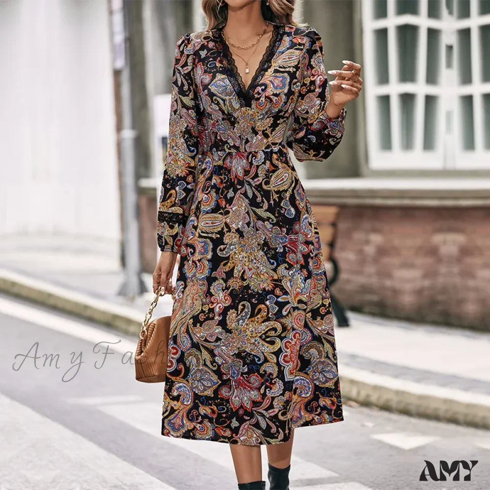 Amy Fashion - Autumn Sweet Fresh Bohemian Long Sleeve Floral Boho Dress