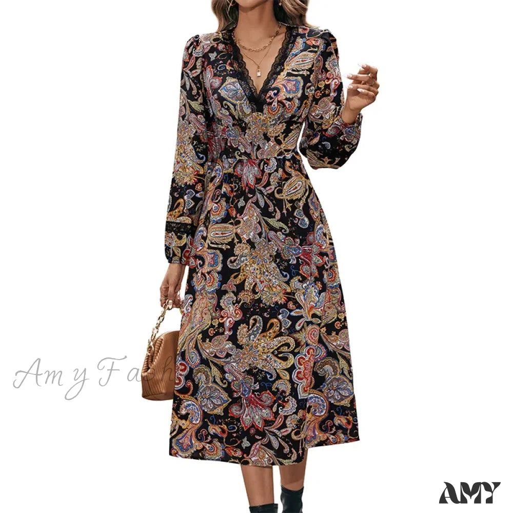 Amy Fashion - Autumn Sweet Fresh Bohemian Long Sleeve Floral Boho Dress