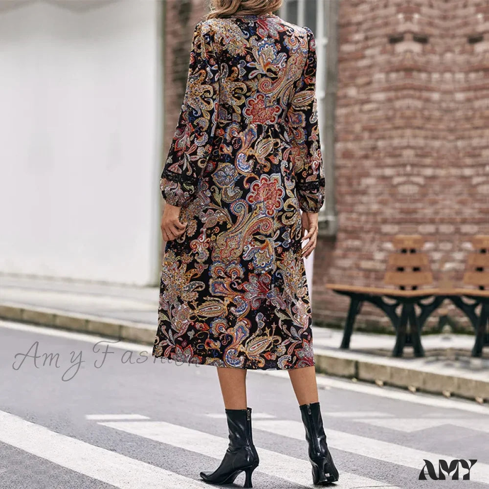 Amy Fashion - Autumn Sweet Fresh Bohemian Long Sleeve Floral Boho Dress