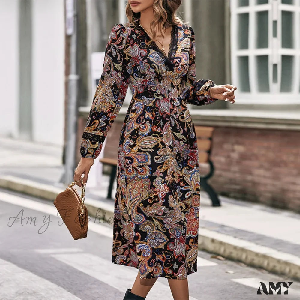 Amy Fashion - Autumn Sweet Fresh Bohemian Long Sleeve Floral Boho Dress