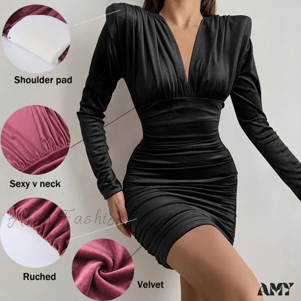 Amy Fashion - Autumn V Neck Velvet Dress Velvet--Black / S