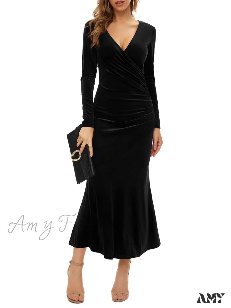 Amy Fashion - Autumn Velvet Bodycon Black Midi Dress Black-1 / S