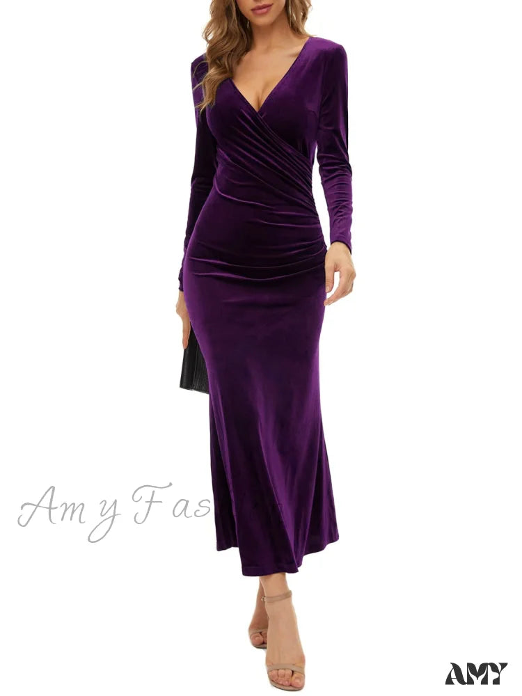 Amy Fashion - Autumn Velvet Bodycon Black Midi Dress Purple-1 / S