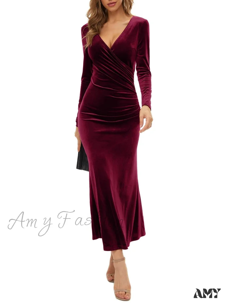 Amy Fashion - Autumn Velvet Bodycon Black Midi Dress Red-1 / S