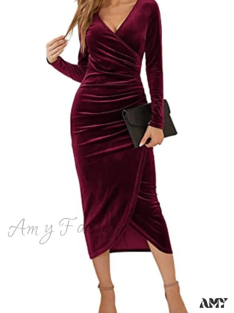 Amy Fashion - Autumn Velvet Bodycon Black Midi Dress Red / S
