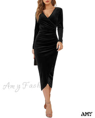 Amy Fashion - Autumn Velvet Bodycon Black Midi Dress / S