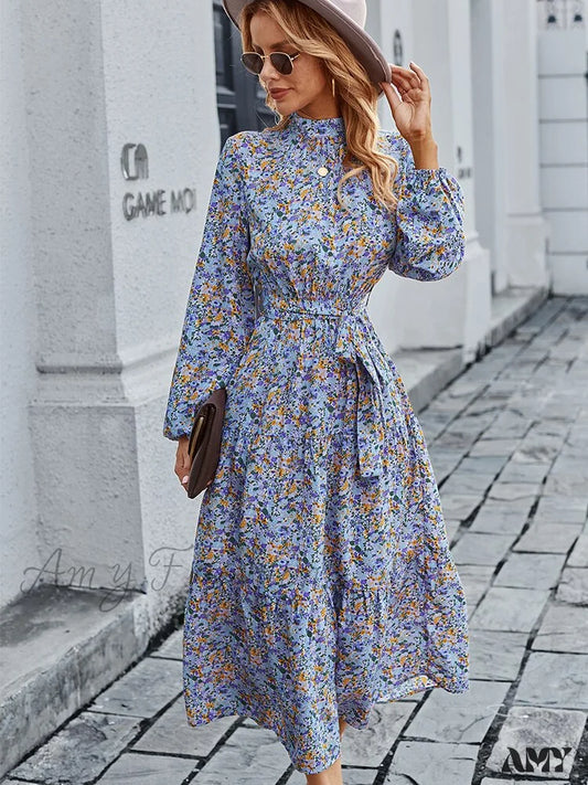 Amy Fashion - Autumn Winter Half High Collar Floral Dress