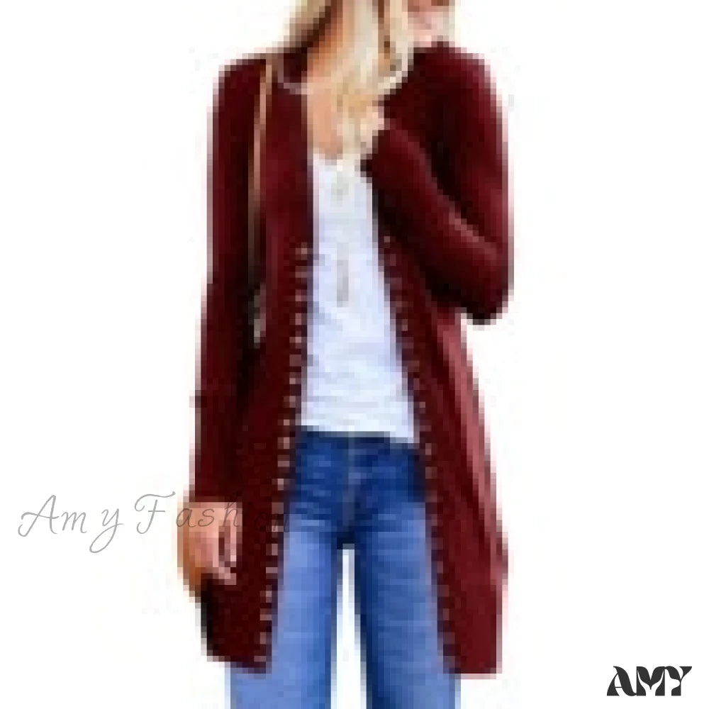 Amy Fashion - Autumn Winter Knitted Cardigan Women Jumper Long Sleeve Slim Sweater Burgundy / Xxl