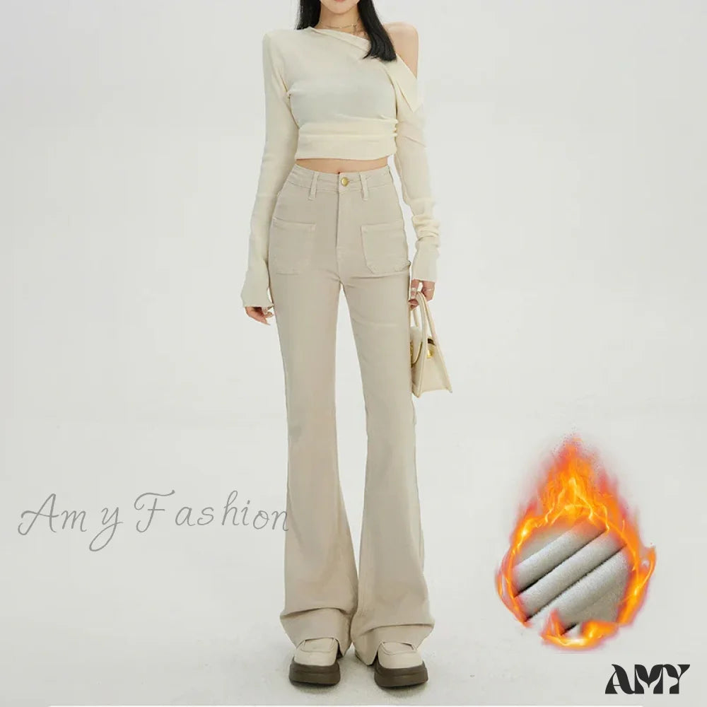 Amy Fashion - Autumn Winter Warm Flare Slim Lady Thermal Casual Tights Thicken Fleece Wide Leg