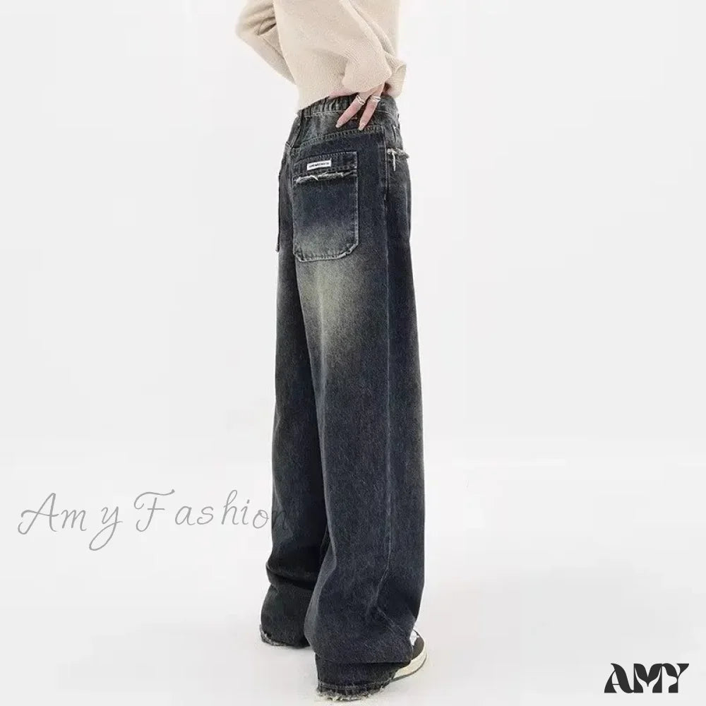 Amy Fashion - Autumnal American Retro Leopard Print Niche Design Casual Straight Wide-Leg Pants Jean