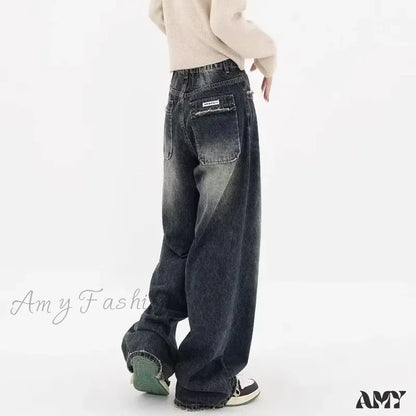 Amy Fashion - Autumnal American Retro Leopard Print Niche Design Casual Straight Wide-Leg Pants Jean