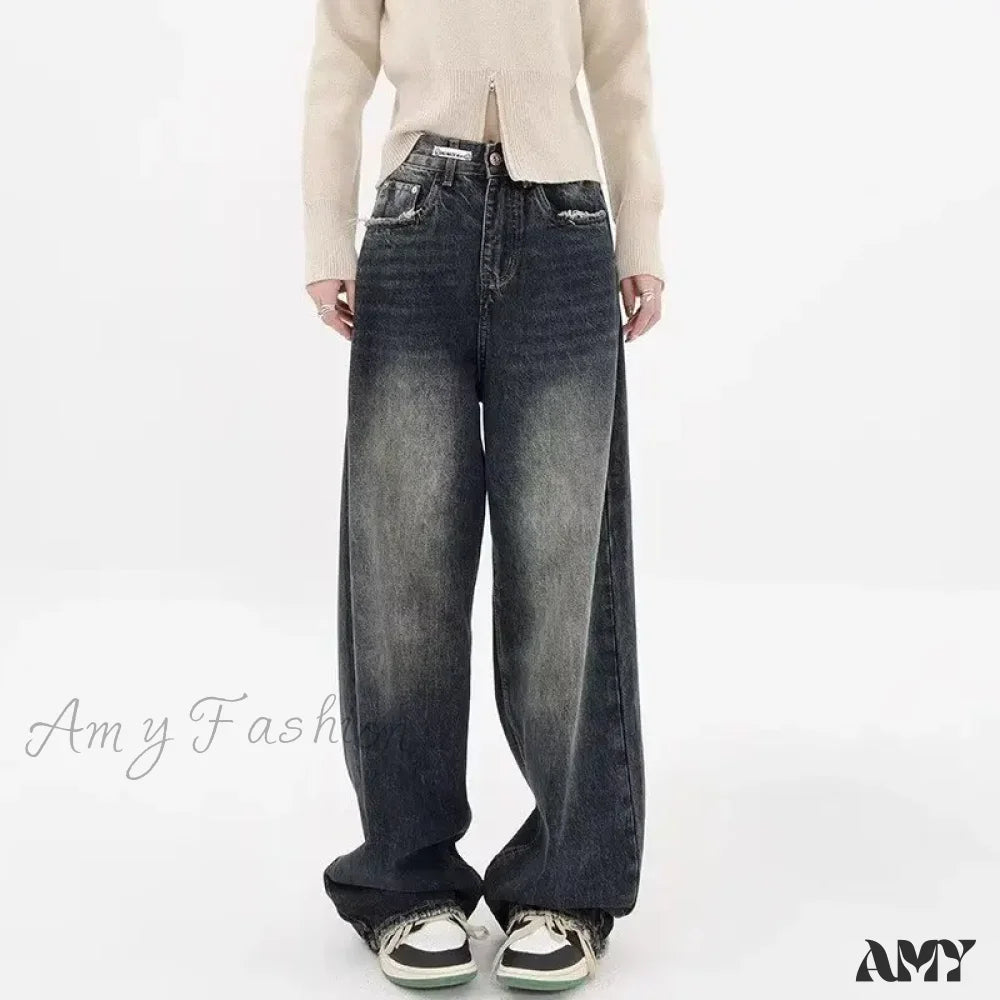 Amy Fashion - Autumnal American Retro Leopard Print Niche Design Casual Straight Wide-Leg Pants Jean