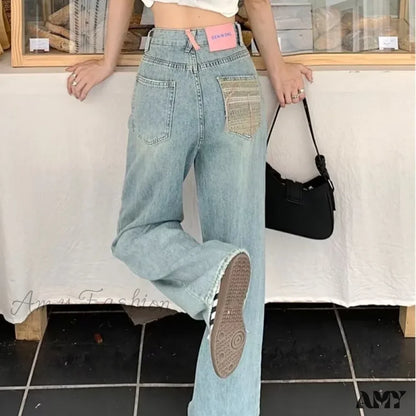 Amy Fashion - Baby Blue Loose Straight Thin Summer Tassel Versatile Trend Women’s Jean Sky / Xs