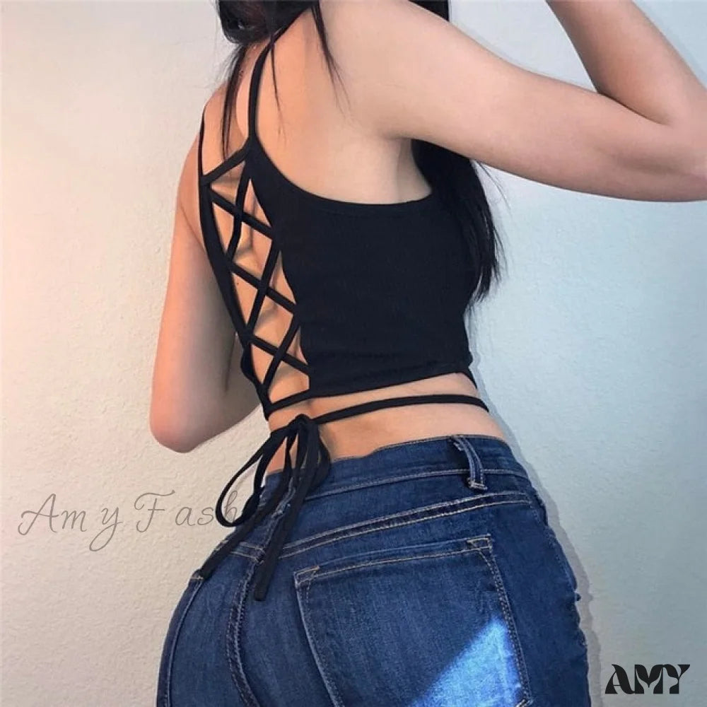 Amy Fashion - Backless Hollow Out Fitness Sleeveless Short Crop Tops Black / M