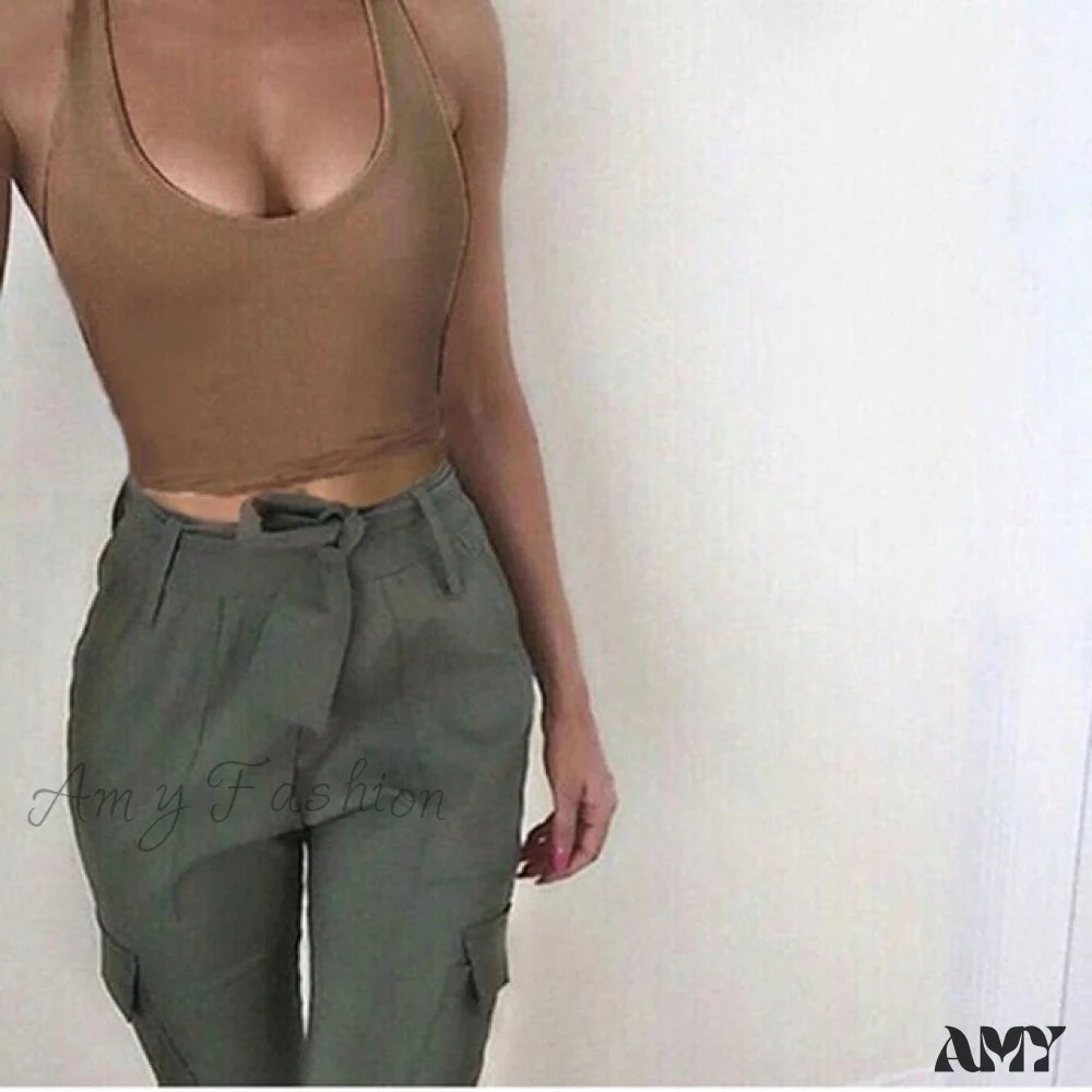 Amy Fashion - Backless Hollow Out Fitness Sleeveless Short Crop Tops Khaki3 / M