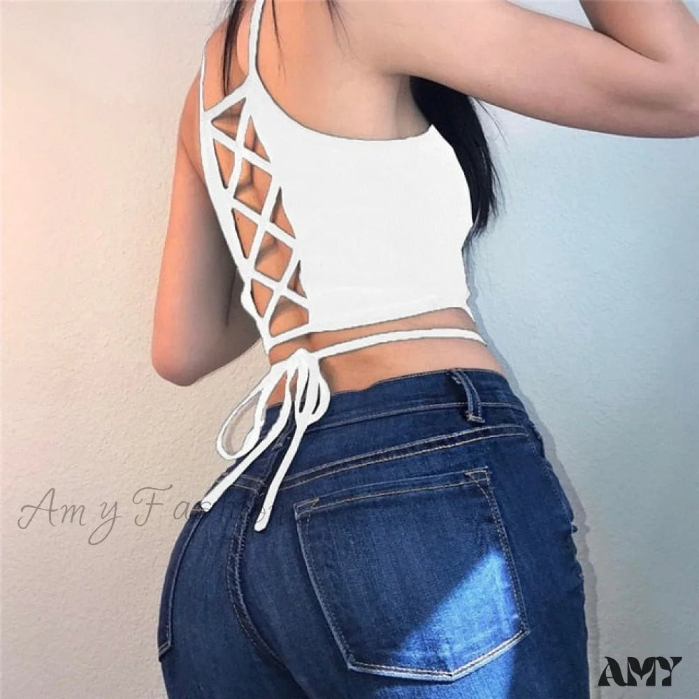 Amy Fashion - Backless Hollow Out Fitness Sleeveless Short Crop Tops White / S