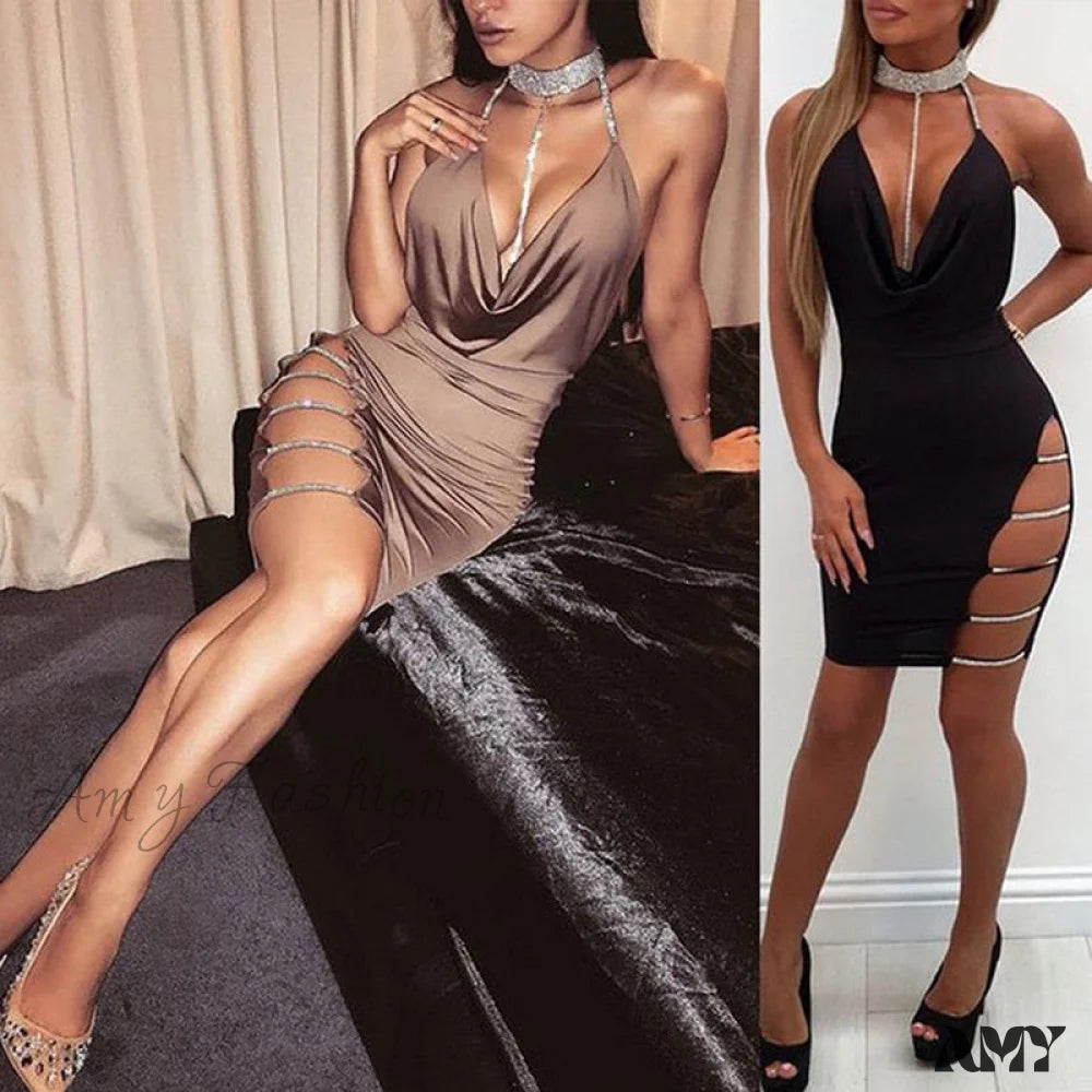 Amy Fashion - Backless Metallic Bandage Club Bodycon Dress