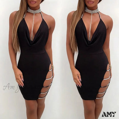 Amy Fashion - Backless Metallic Bandage Club Bodycon Dress Black / S