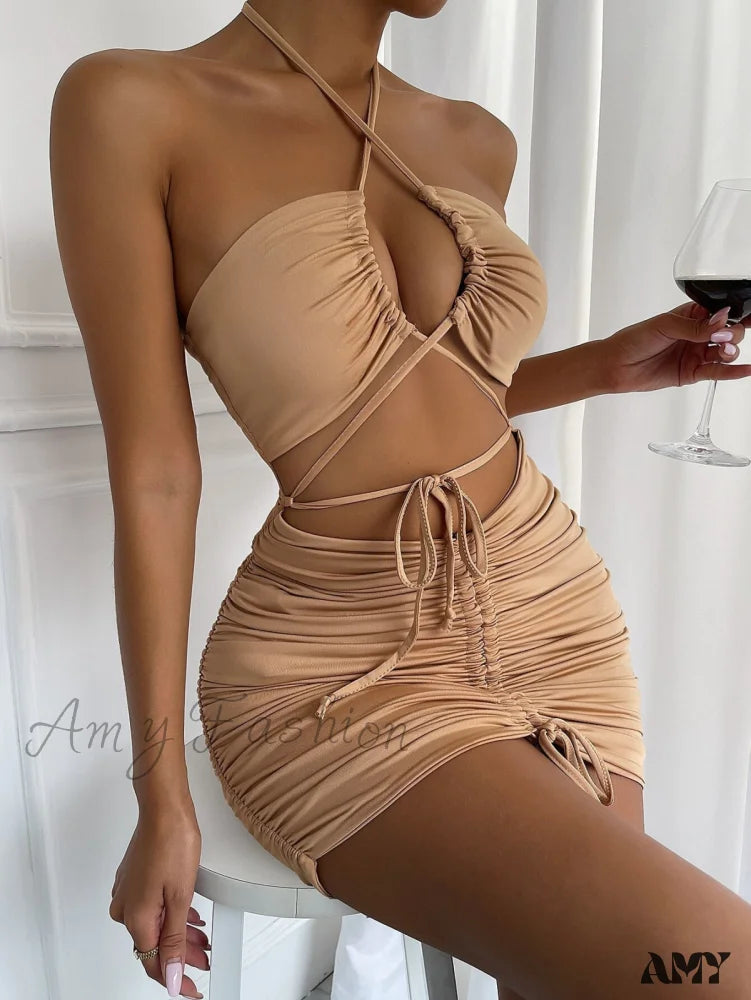 Amy Fashion - Backless Ruched Mini Solid Color Sexy Party Dress