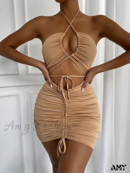 Amy Fashion - Backless Ruched Mini Solid Color Sexy Party Dress