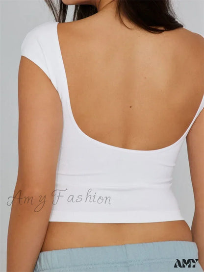 Amy Fashion - Backless Short Sleeve Low Cut O-Neck Crop Tops Solid Slim Fit T-Shirts