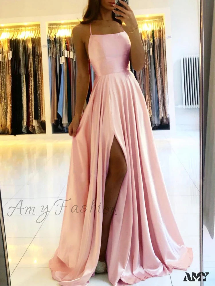 Amy Fashion - Backless Side Slit Halter Satin Evening Party Dress
