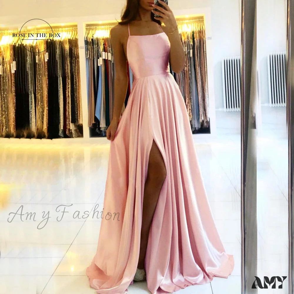 Amy Fashion - Backless Side Slit Halter Satin Evening Party Dress