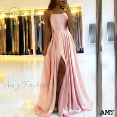 Amy Fashion - Backless Side Slit Halter Satin Evening Party Dress