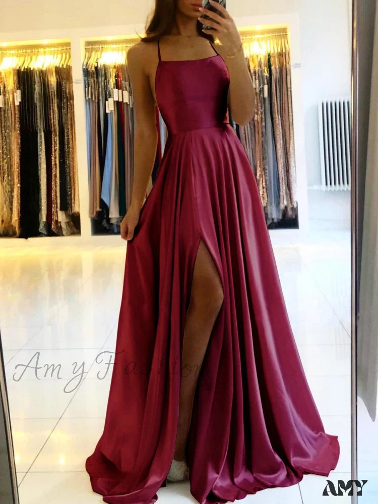 Amy Fashion - Backless Side Slit Halter Satin Evening Party Dress