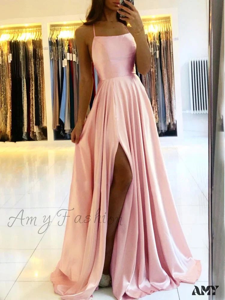 Amy Fashion - Backless Side Slit Halter Satin Evening Party Dress Dusty Rose / 2