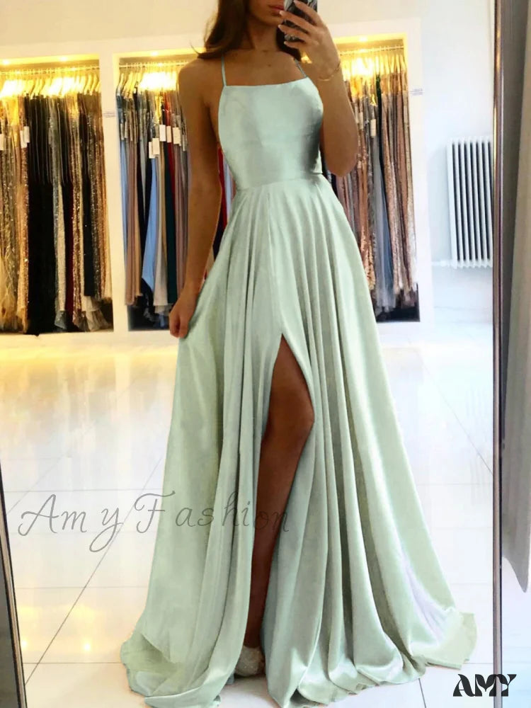 Amy Fashion - Backless Side Slit Halter Satin Evening Party Dress Dusty Sage / 2