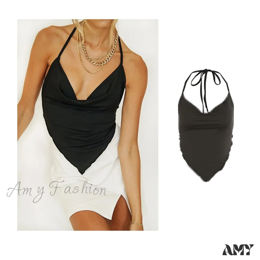 Amy Fashion - Backless Sleeveless Spaghetti Strap Halter Camis Nz727-Black / S