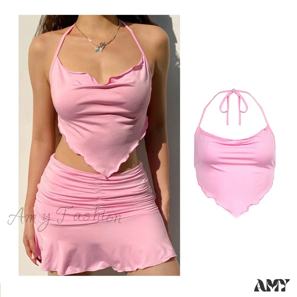 Amy Fashion - Backless Sleeveless Spaghetti Strap Halter Camis Nz727-Pink / S