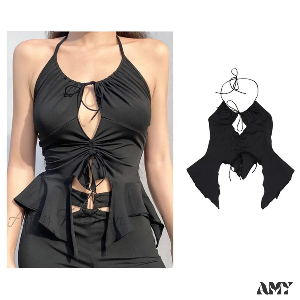 Amy Fashion - Backless Sleeveless Spaghetti Strap Halter Camis Nz755-Black / S