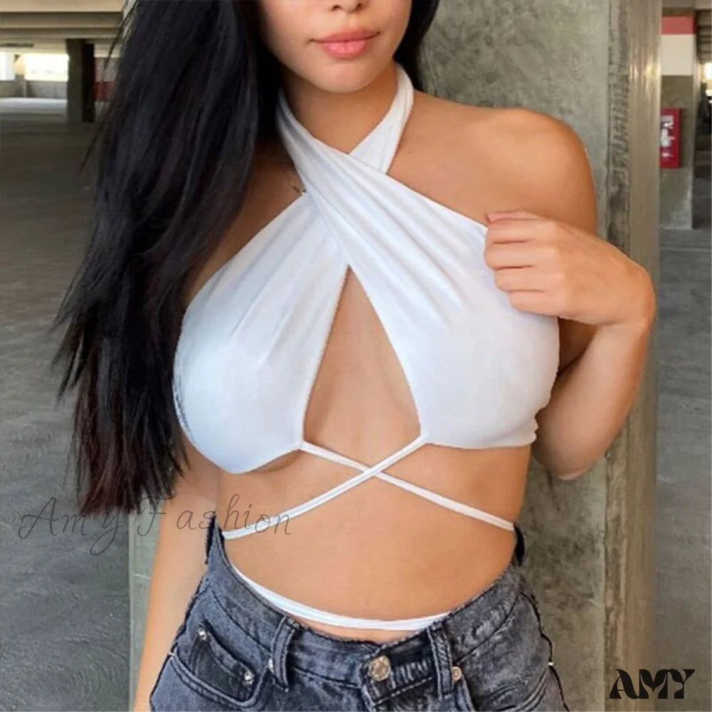 Amy Fashion - Backless Sleeveless Spaghetti Strap Halter Camis Nz808-White / S