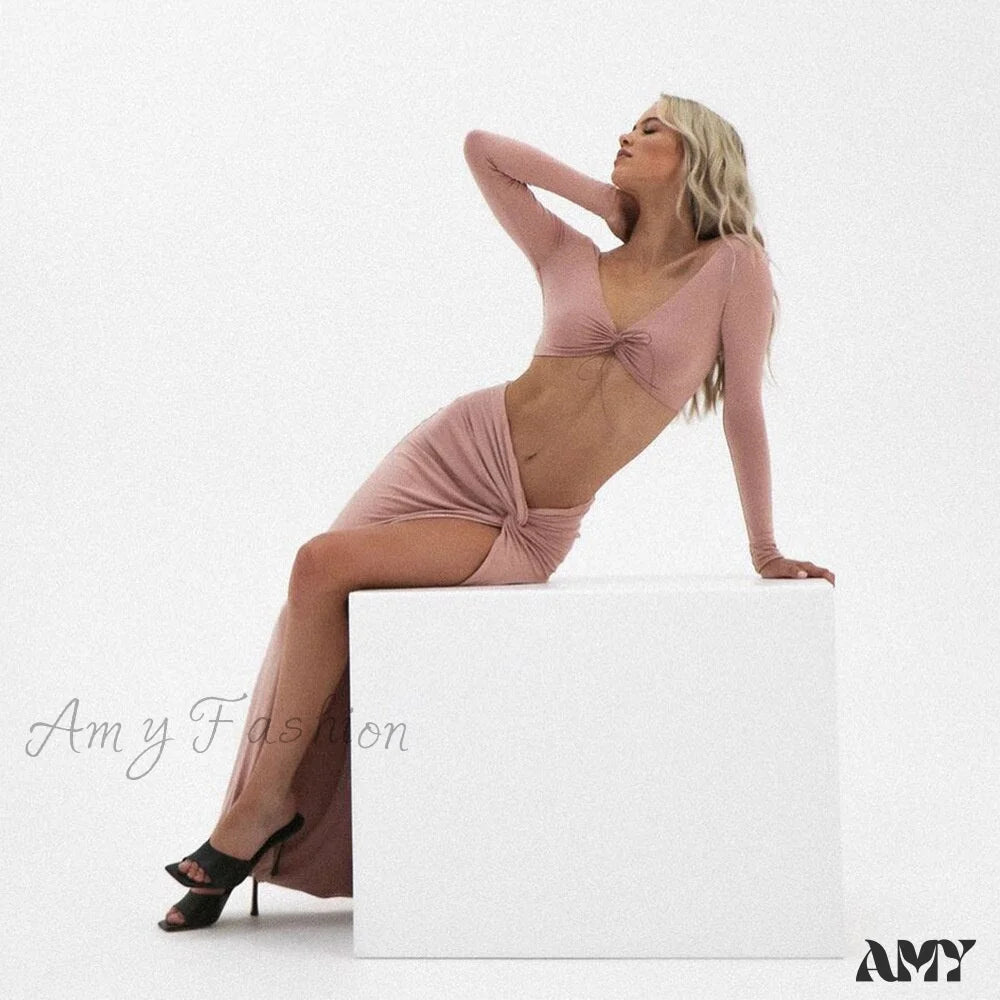 Amy Fashion - Backless Split Cut Out 2 Layer Elastic Bodycon Dress