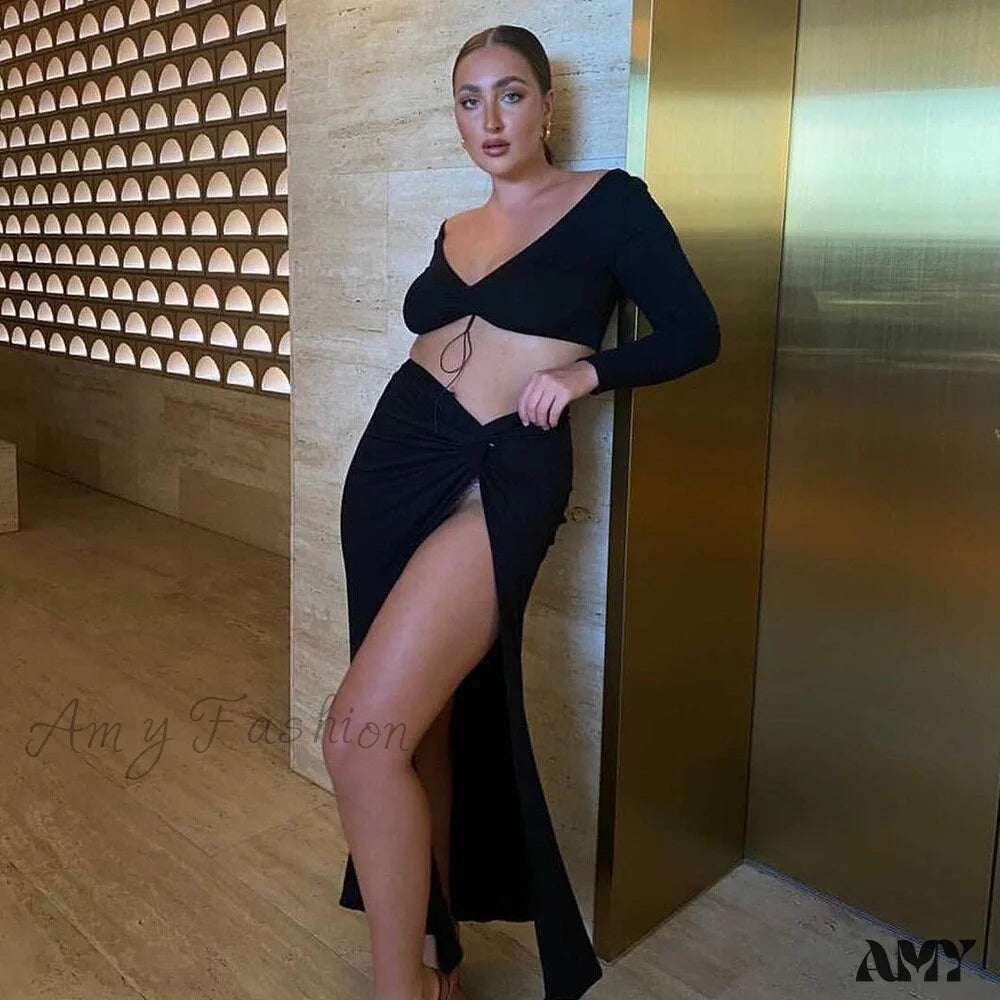 Amy Fashion - Backless Split Cut Out 2 Layer Elastic Bodycon Dress Black / Xs