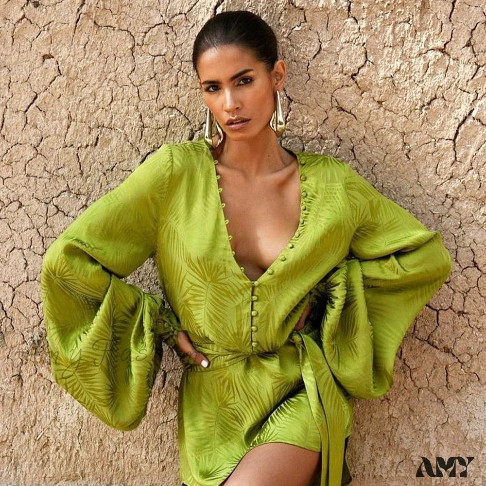 Amy Fashion - Backless Strap Party Sleeve Slim Dresses Green / L