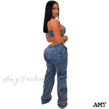 Amy Fashion - Baggy Pocket Denim Wide Leg High Waist Cargo Y2K Streetwear 2024 Summer Clothes Jean