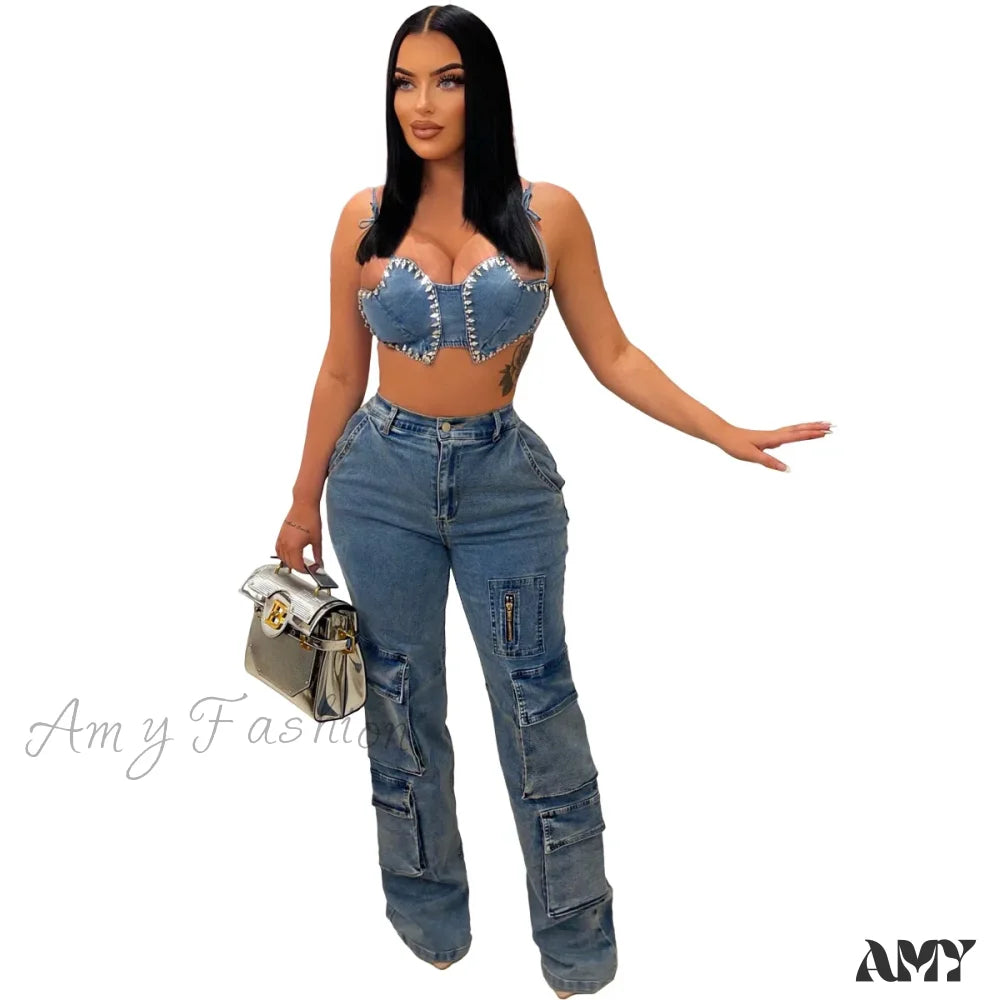 Amy Fashion - Baggy Pocket Denim Wide Leg High Waist Cargo Y2K Streetwear 2024 Summer Clothes Jean