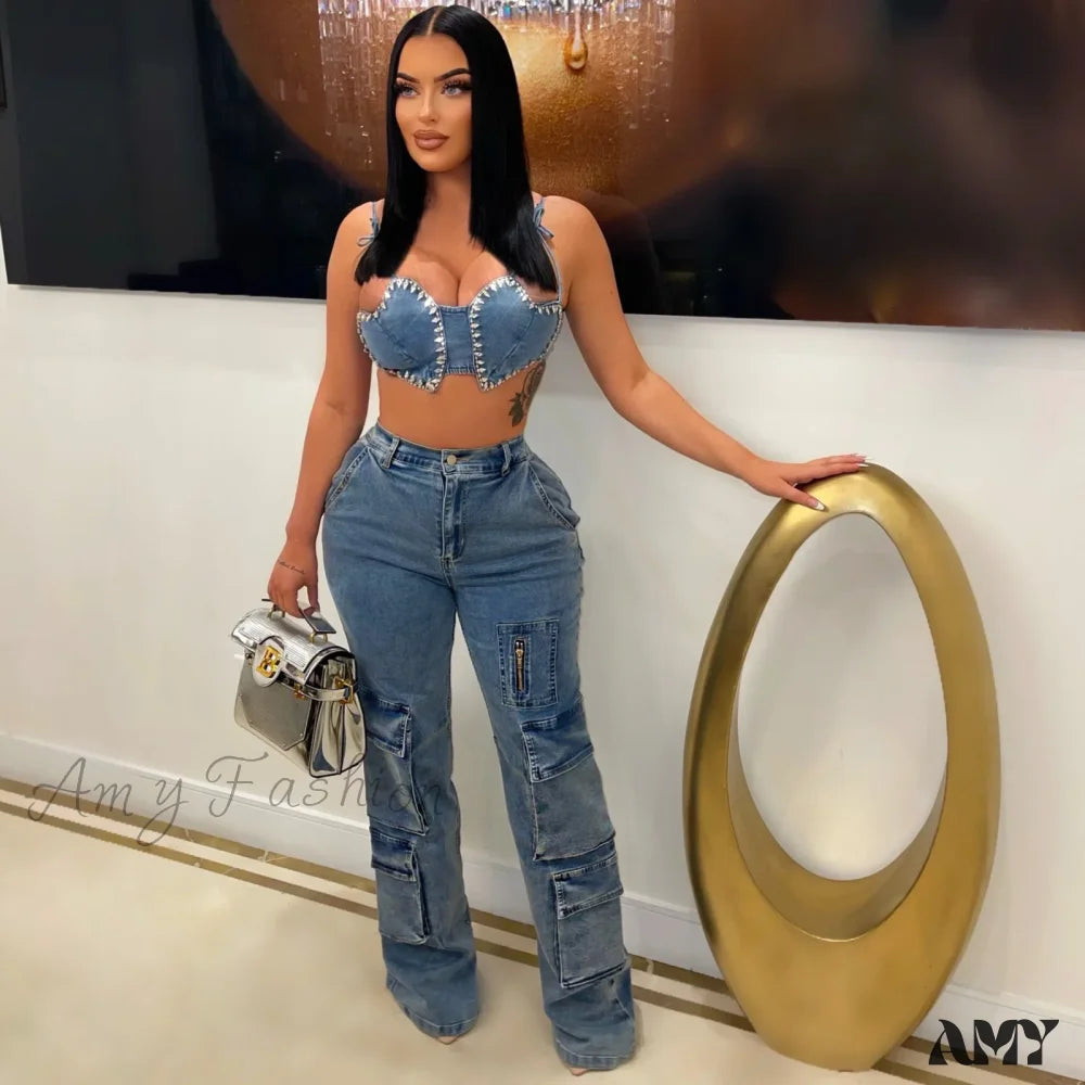 Amy Fashion - Baggy Pocket Denim Wide Leg High Waist Cargo Y2K Streetwear 2024 Summer Clothes Jean