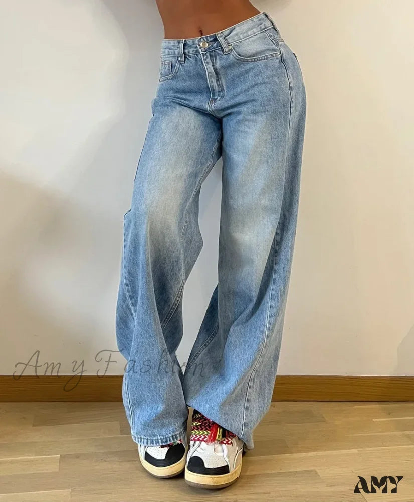 Amy Fashion - Baggy Straight Autumn Y2K Korean Streetwear High Waist Casual Denim Fashionable Jean