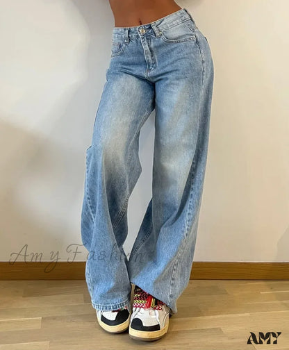 Amy Fashion - Baggy Straight Autumn Y2K Korean Streetwear High Waist Casual Denim Fashionable Jean